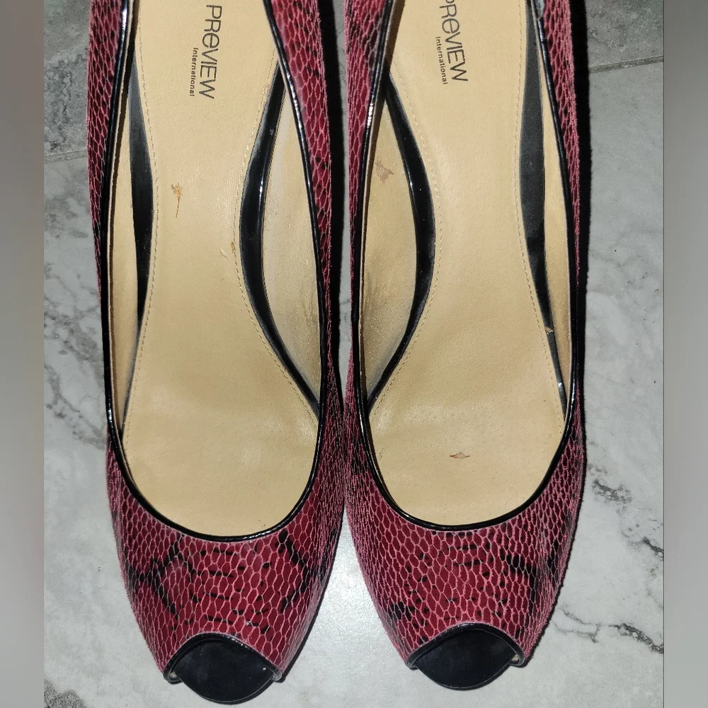 Preview International Leather‎ Red Black Snakeskin Peep Toe Heels Sz 11